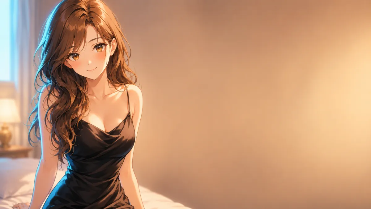 Chica de estilo anime con vestido negro sentada en la cama, con luz cálida de lámpara