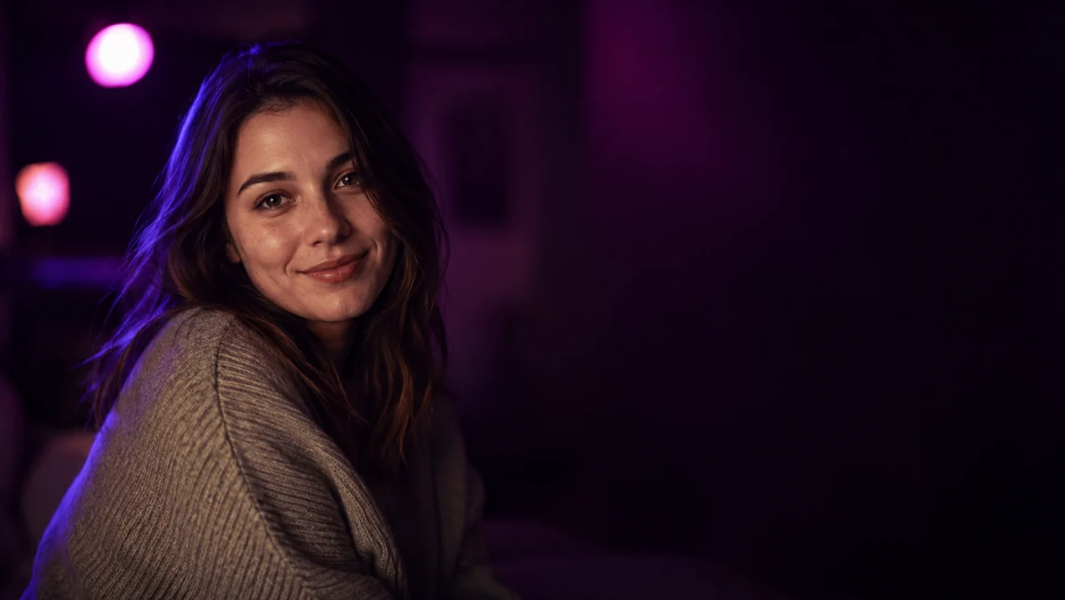 Chica con jersey gris en una habitación oscura con luz violeta