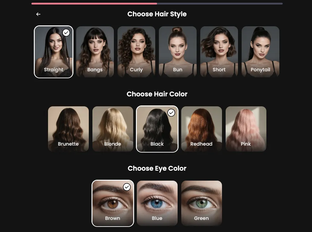 Captura de Candy AI: creador de personaje con opciones de peinado, color de pelo y color de ojos