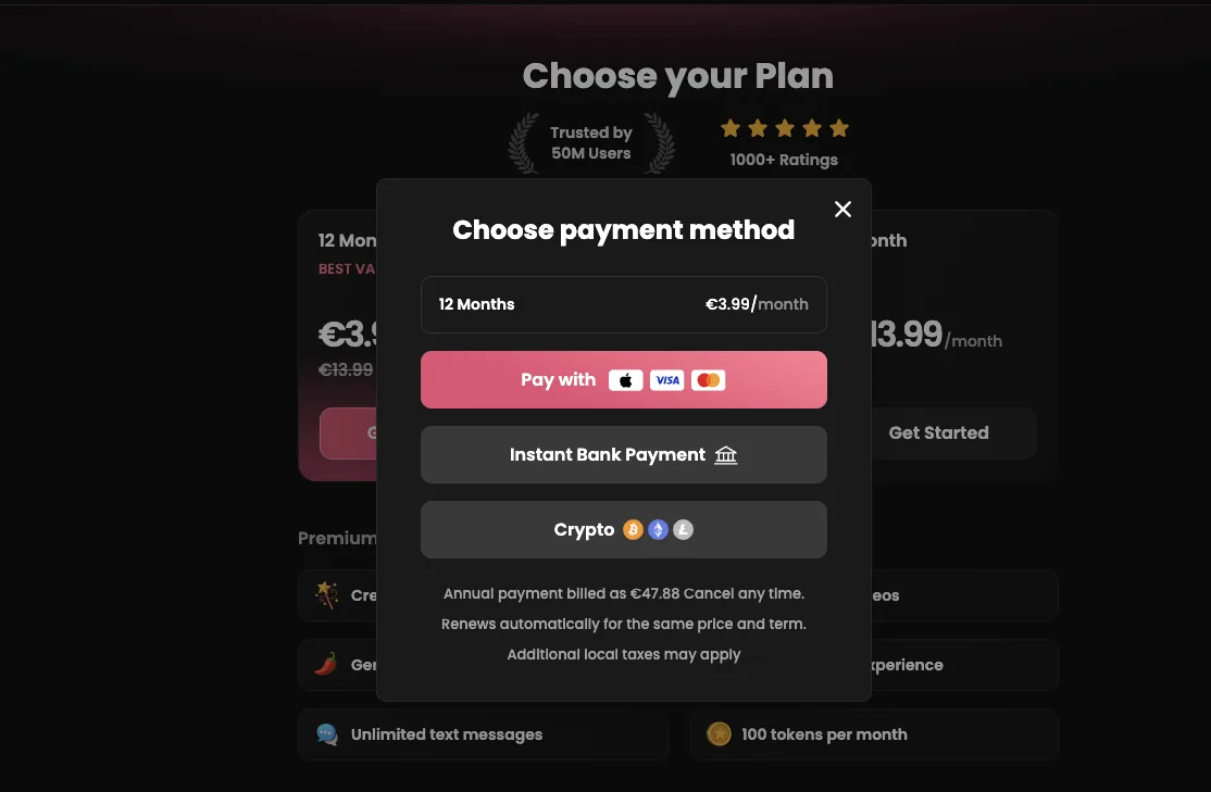 Captura de Candy AI: métodos de pago en la pantalla de compra