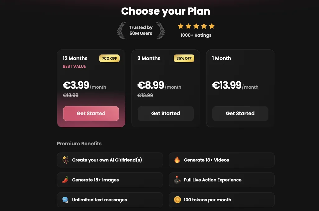 Captura de Candy AI: los tres planes de suscripción de doce, tres y un mes