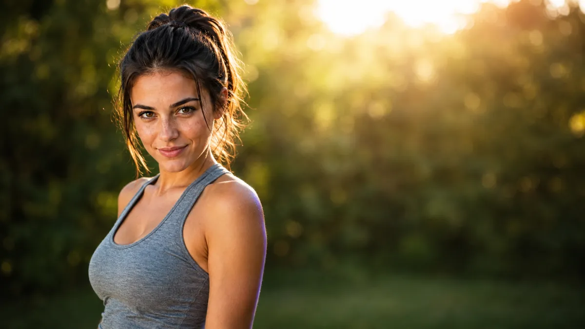 Chica con camiseta de tirantes gris al aire libre, a contraluz al atardecer